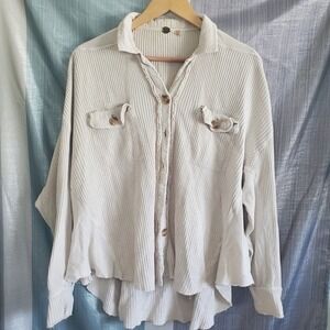 Free People FP One Waffle Knit Button Shirt Sand Neutral Utility Oversized XS‎